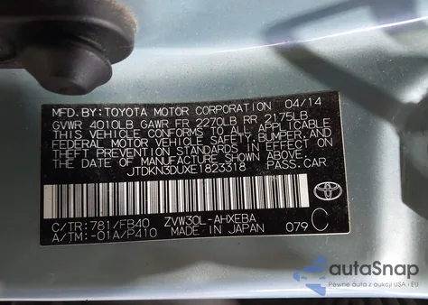 2014 Toyota Prius Two из США, поврежденный, VIN JTDKN3DUXE1823318